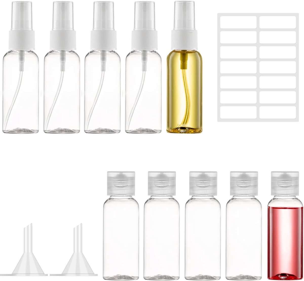SnelShoppen - 10 Stuks 50ml Reisinflacons Set - Levensmiddelen Veilige Plastic Sprayflessen - Transparante Lege Cosmetische Reistassen met Trechter vo