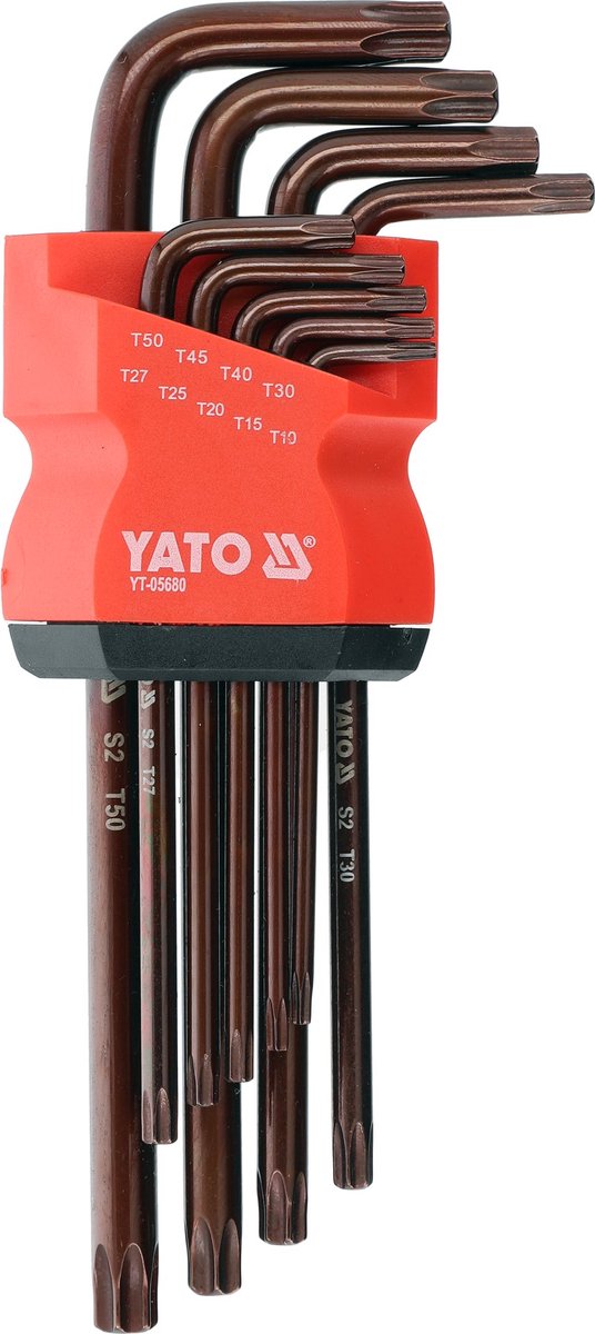 YATO YT-05680 Torx Security Sleutelset met Gat (Tamperproof) - 9-Delig - Lang Model - S2 Staal (HRC 58-62) - T10 t/m T50 - Bruine Coating