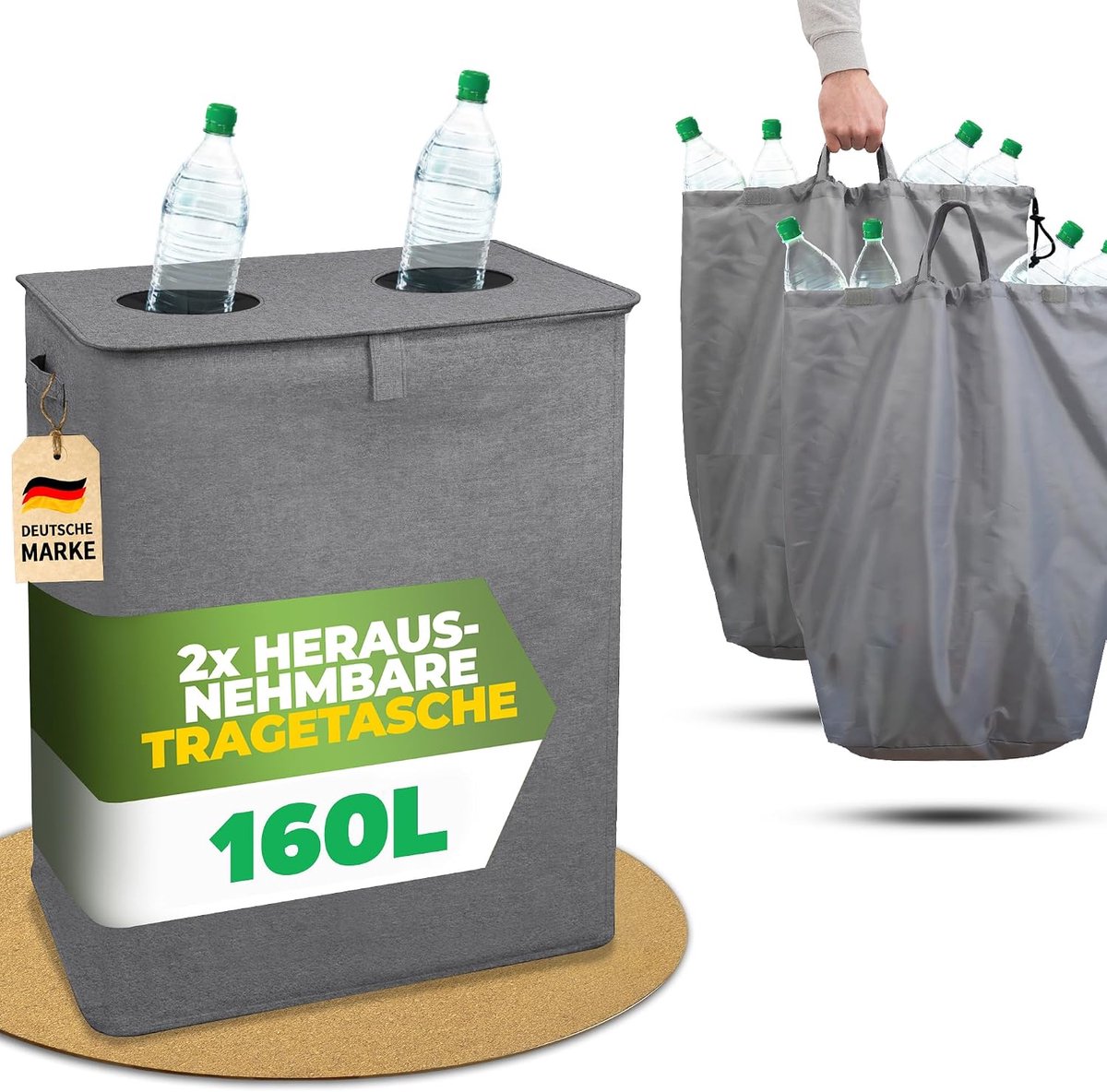 Bottles verzamelcontainer 160 L - met 2 compartimenten - grijs - praktische opslag voor flessen - ShopVlot