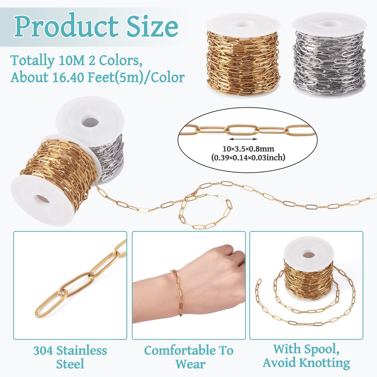 Dailygoods- Paperclip Ketting 10M - Roestvrij Staal - Goud/Zilver - DIY Sieraden - Verlengde Kabelketting - 304 Roestvrij Staal - Sieraadketting