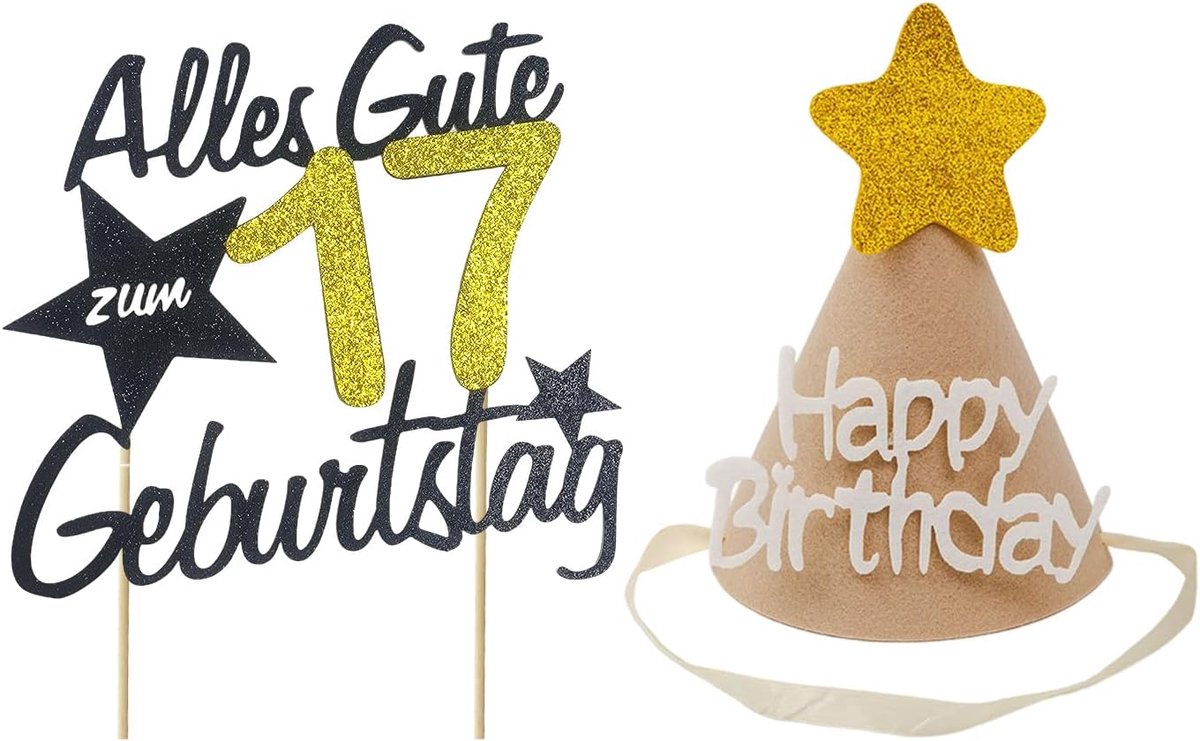 Verjaardagskaart 17 Jaar Met Hoed - Zwart-Goud - Cake Decoratie - Feestdecoratie - ShopVlot