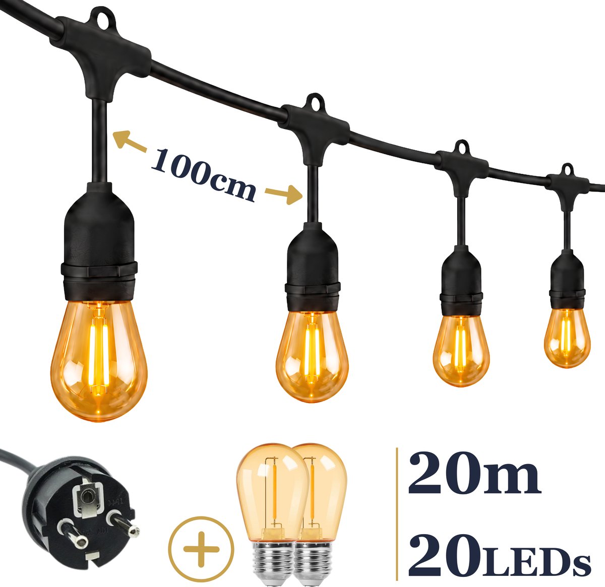 Odaily S14 Lichtsnoer 20m - 20 LEDs Amber - IP65 - Extra Warm Wit Licht - Premium Kwaliteit