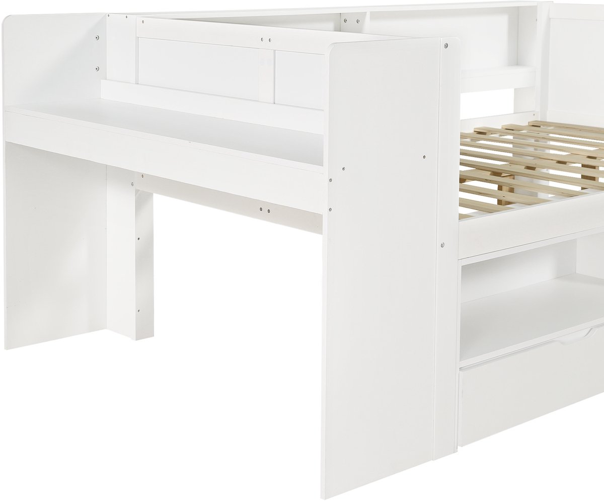 DESMIU Houten Bed 120 x 200 cm - Functiebed Met Bureau - Opbergkast, 2 Lades & Open Vakken - Wit - Zonder Matras
