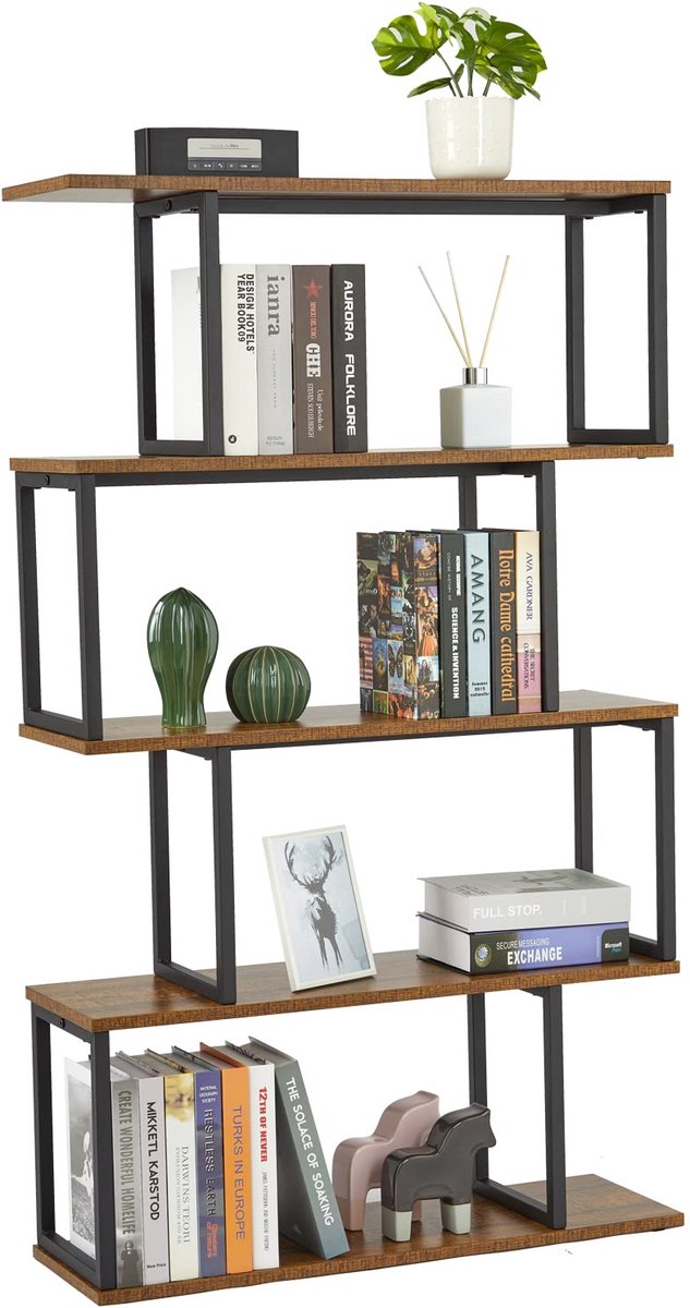 SnelShoppen - Meerveil Boekenkast - Staand Rek met 4 Niveaus - Opbergrek van Hout - S-Vorm - Industrieel Design - 74 x 24 x 128 cm - Decoratief Rek vo