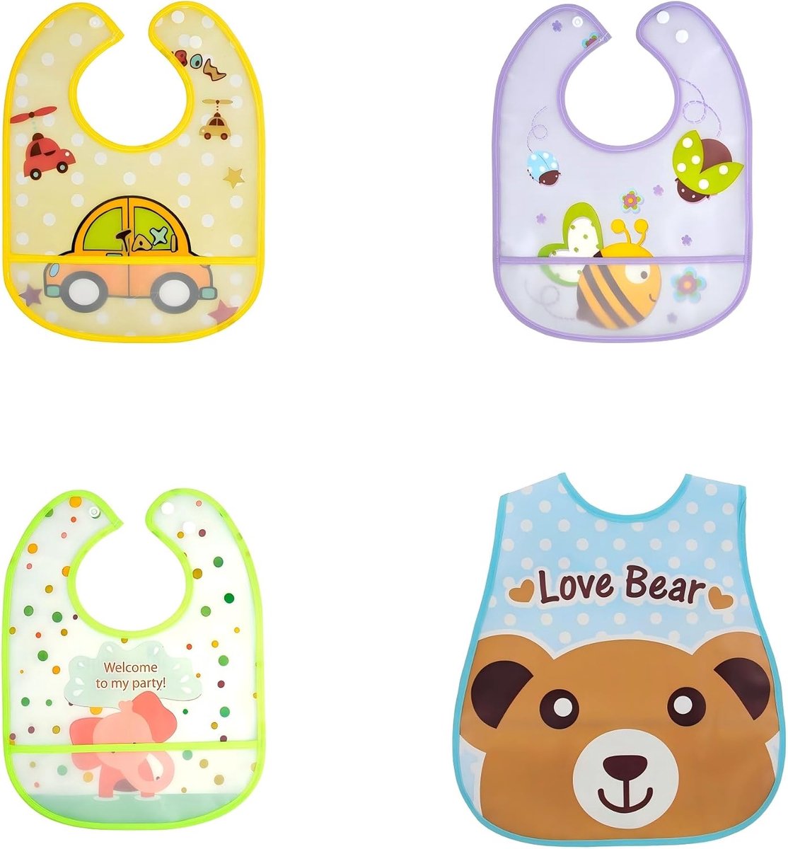Babyslabbetjes set van 4 - waterdicht katoen - drukknoopsluiting - ideaal voor eten - ShopVlot