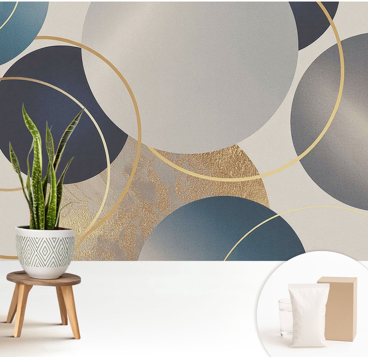 Wallfluent Fotobehang - Grijs Vliesbehang - 208x146 cm - Creatieve Kringen Fotobehang Vlies - Hal behang Abstractie - Muurschildering - Woonkamer behang