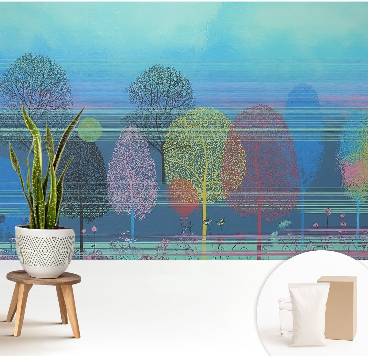 Wallfluent Fotobehang - Blauw Vliesbehang - 208x146 cm - Kleurrijke Harmonie Fotobehang Vlies - Hal behang Bloemen En Planten - Muurschildering - Woonkamer behang