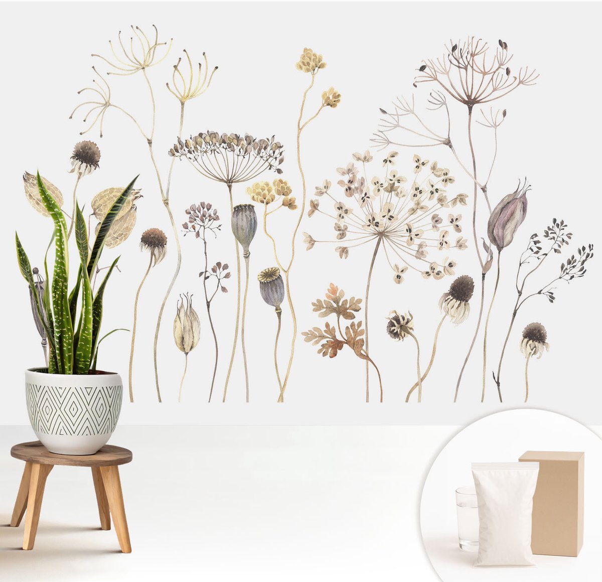 Wallfluent Fotobehang - Beige Vliesbehang - 208x146 cm - Wilde Bloemen Fotobehang Vlies - Woonkamer behang Bloemen En Planten - Muurschildering - Woonkamer behang
