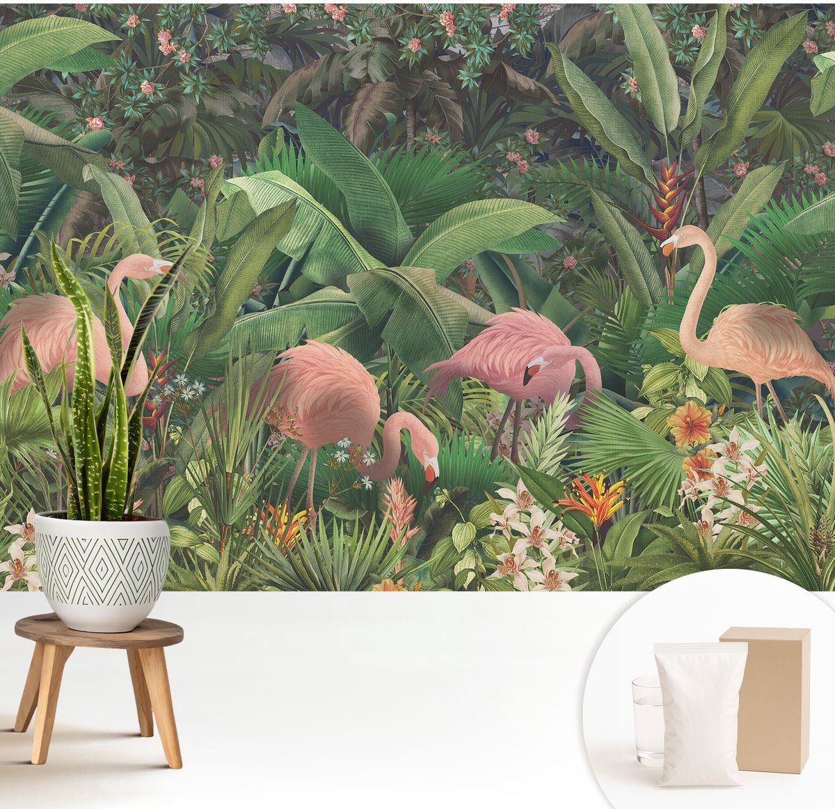 Wallfluent Fotobehang - Groente Vliesbehang - 208x146 cm - Roze Flamingo'S Fotobehang Vlies - Hal behang Bloemen En Planten - Muurschildering - Hal behang