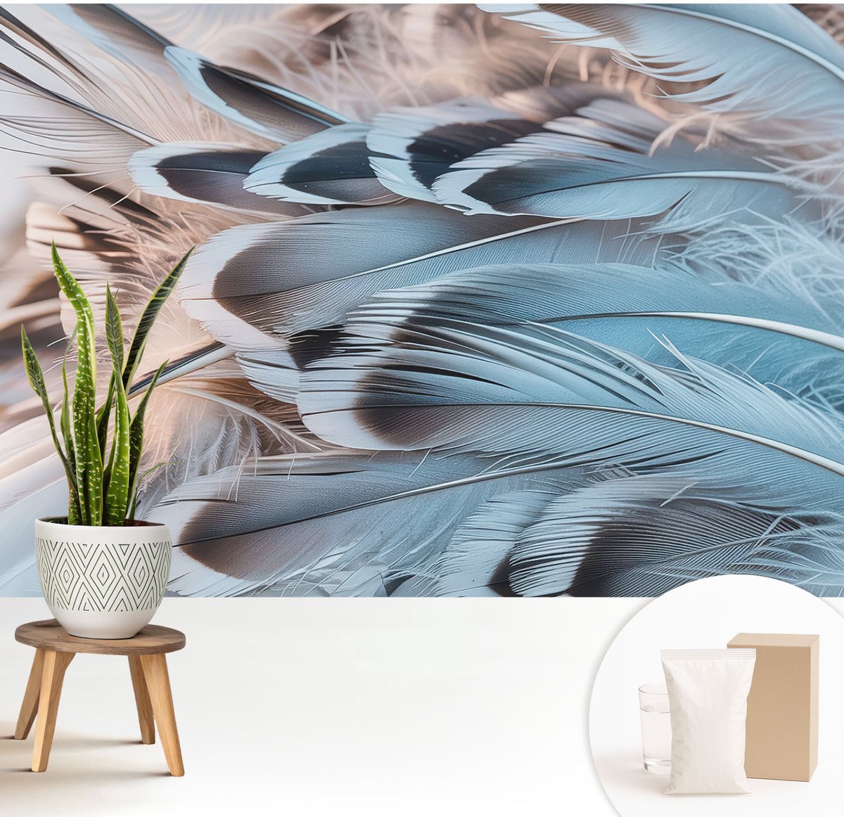 Wallfluent Fotobehang - Wit Vliesbehang - 208x146 cm - Blauwe Veren Muurschildering - Slaapkamer behang Texturen - Fotobehang Vlies - Slaapkamer behang