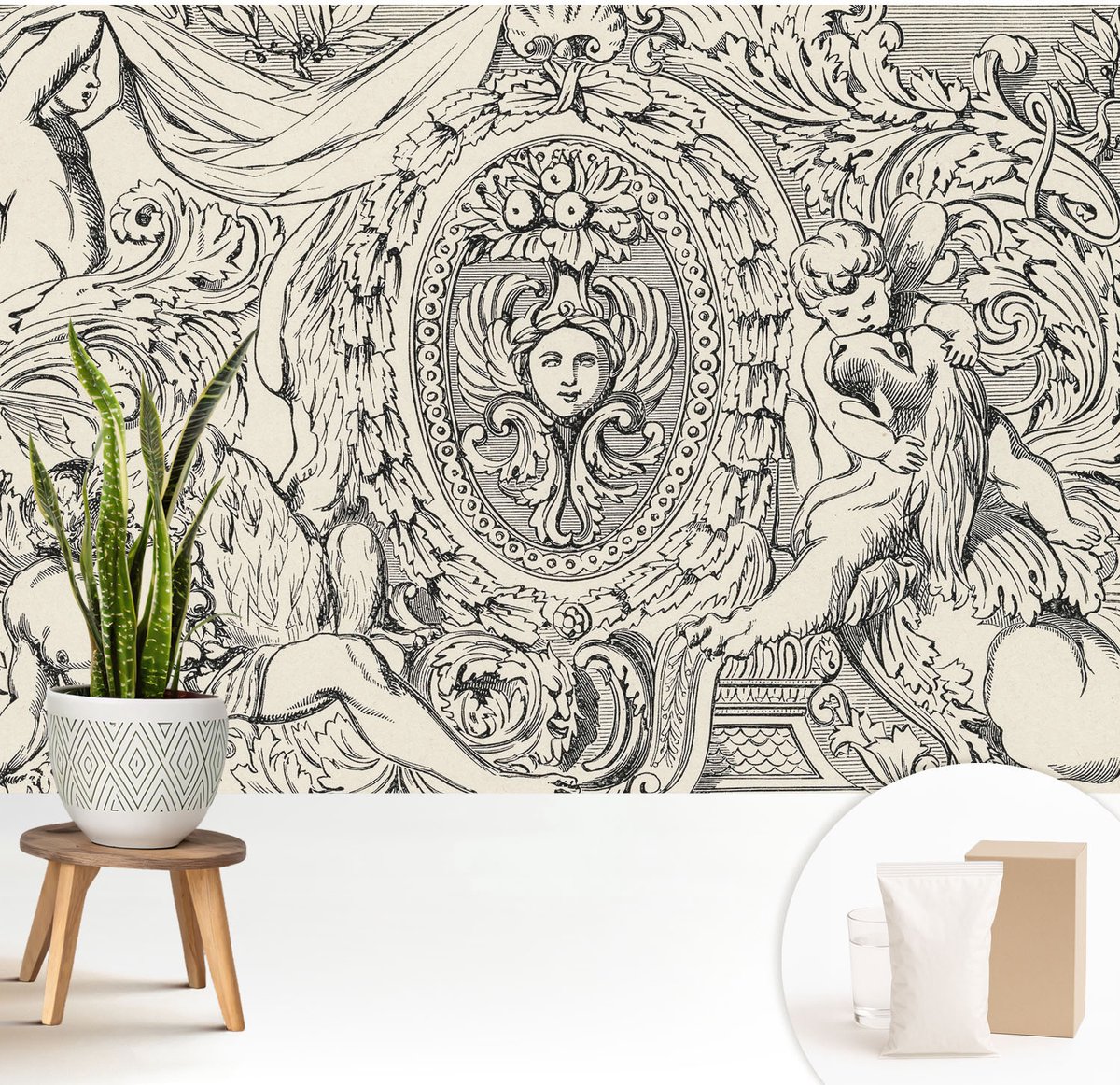 Wallfluent Fotobehang - Wit Vliesbehang - 208x146 cm - Een Overvloed Aan Ornamenten Fotobehang Vlies - Woonkamer behang Deel - Muurschildering - Hal behang