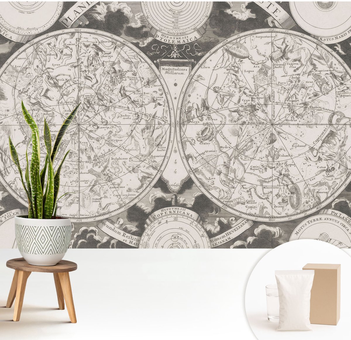 Wallfluent Fotobehang - Zwart-Wit Vliesbehang - 208x146 cm - Sterrenkaart Muurschildering - Gang behang Kosmos - Fotobehang Vlies - Gang behang