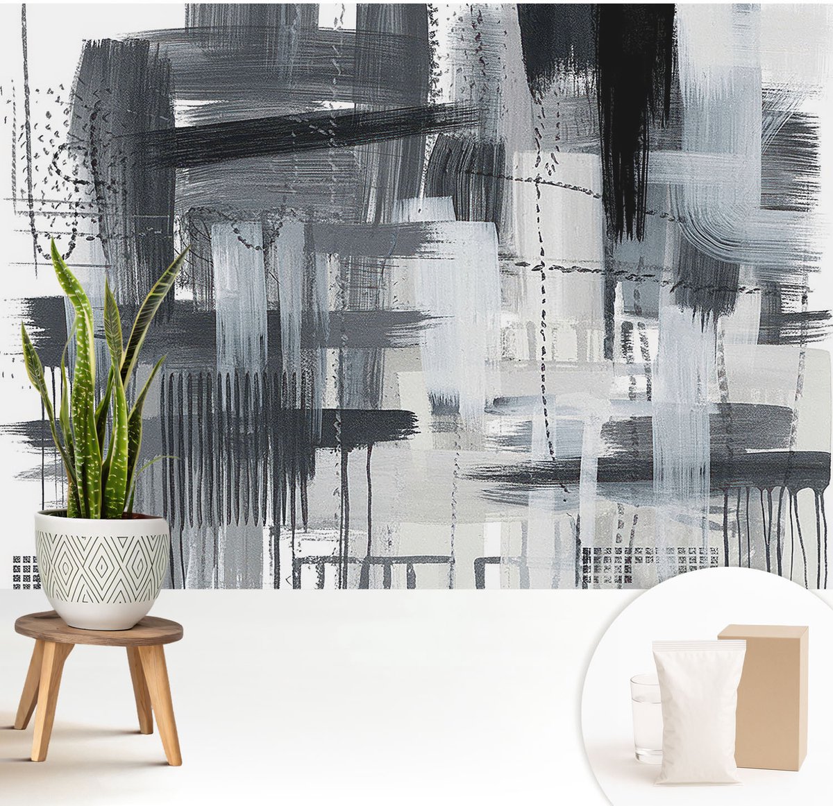 Wallfluent Fotobehang - Zwart Vliesbehang - 208x146 cm - Moderne Kunst Fotobehang Vlies - Woonkamer behang Abstractie - Muurschildering - Hal behang