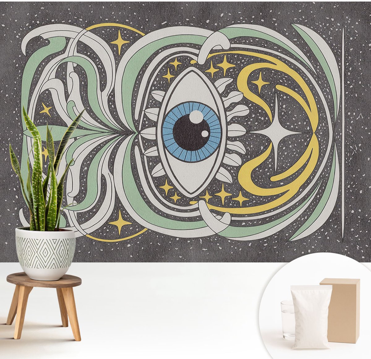 Wallfluent Fotobehang - Zwart Vliesbehang - 208x146 cm - Symmetrisch Oog Fotobehang Vlies - Woonkamer behang Abstractie - Muurschildering - Hal behang