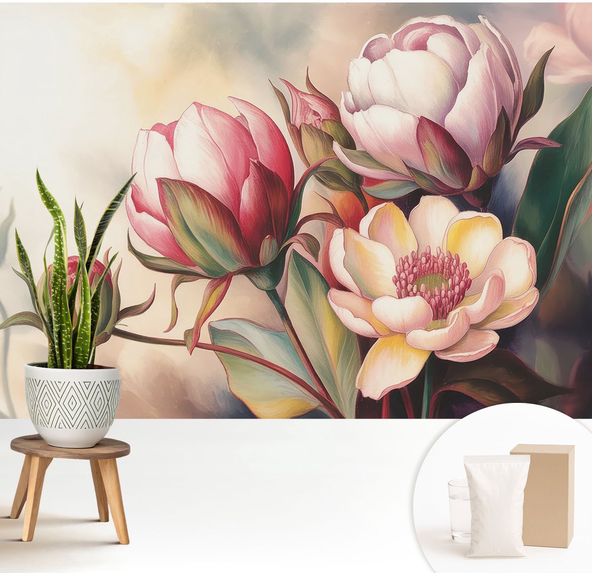 Wallfluent Fotobehang - Wit Vliesbehang - 208x146 cm - Een Boeket Bloemen Fotobehang Vlies - Woonkamer behang Bloemen En Planten - Muurschildering - Woonkamer behang