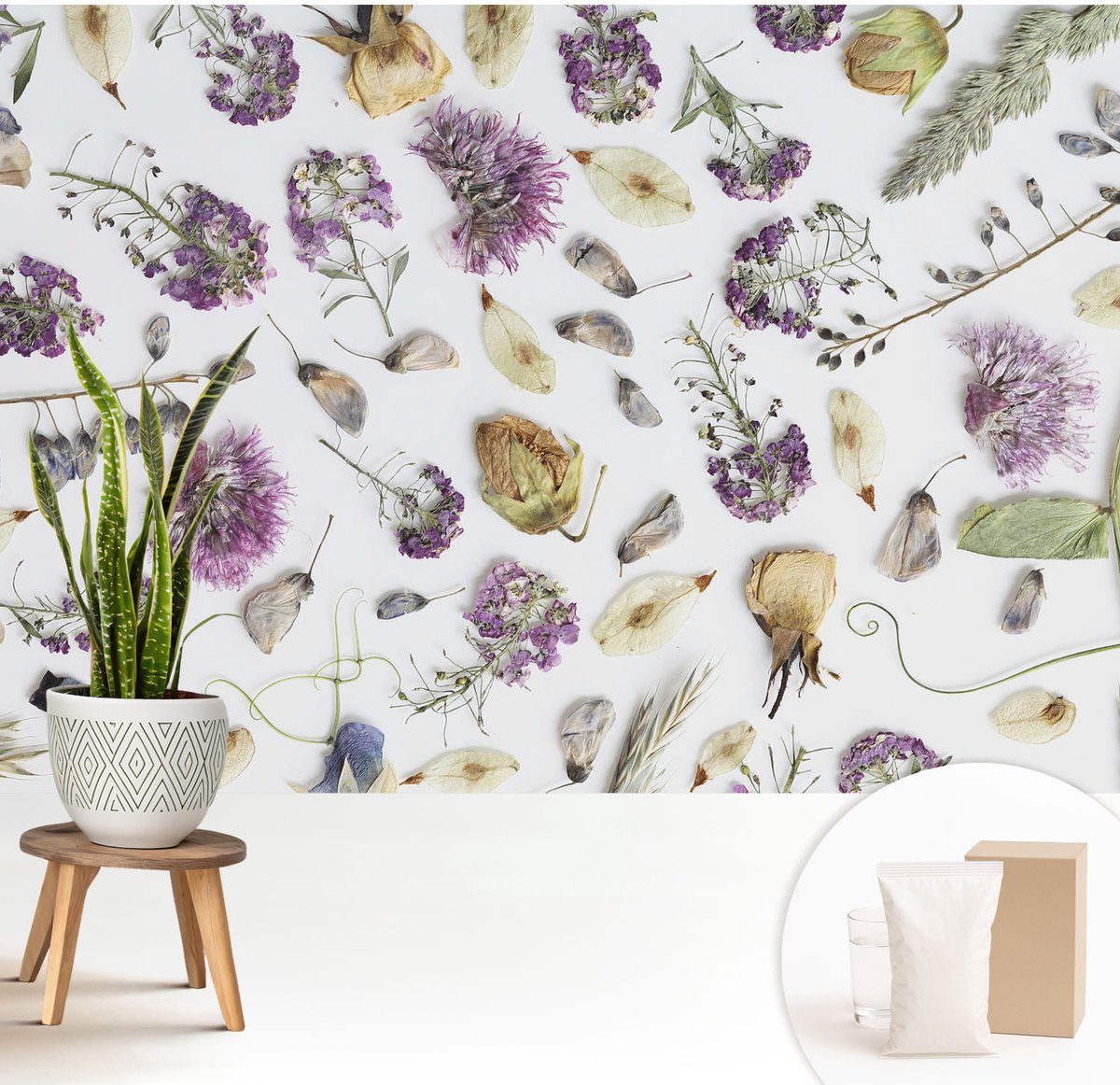 Wallfluent Fotobehang - Wit Vliesbehang - 208x146 cm - Gedroogde Bloemen Muurschildering - Gang behang Bloemen En Planten - Fotobehang Vlies - Slaapkamer behang