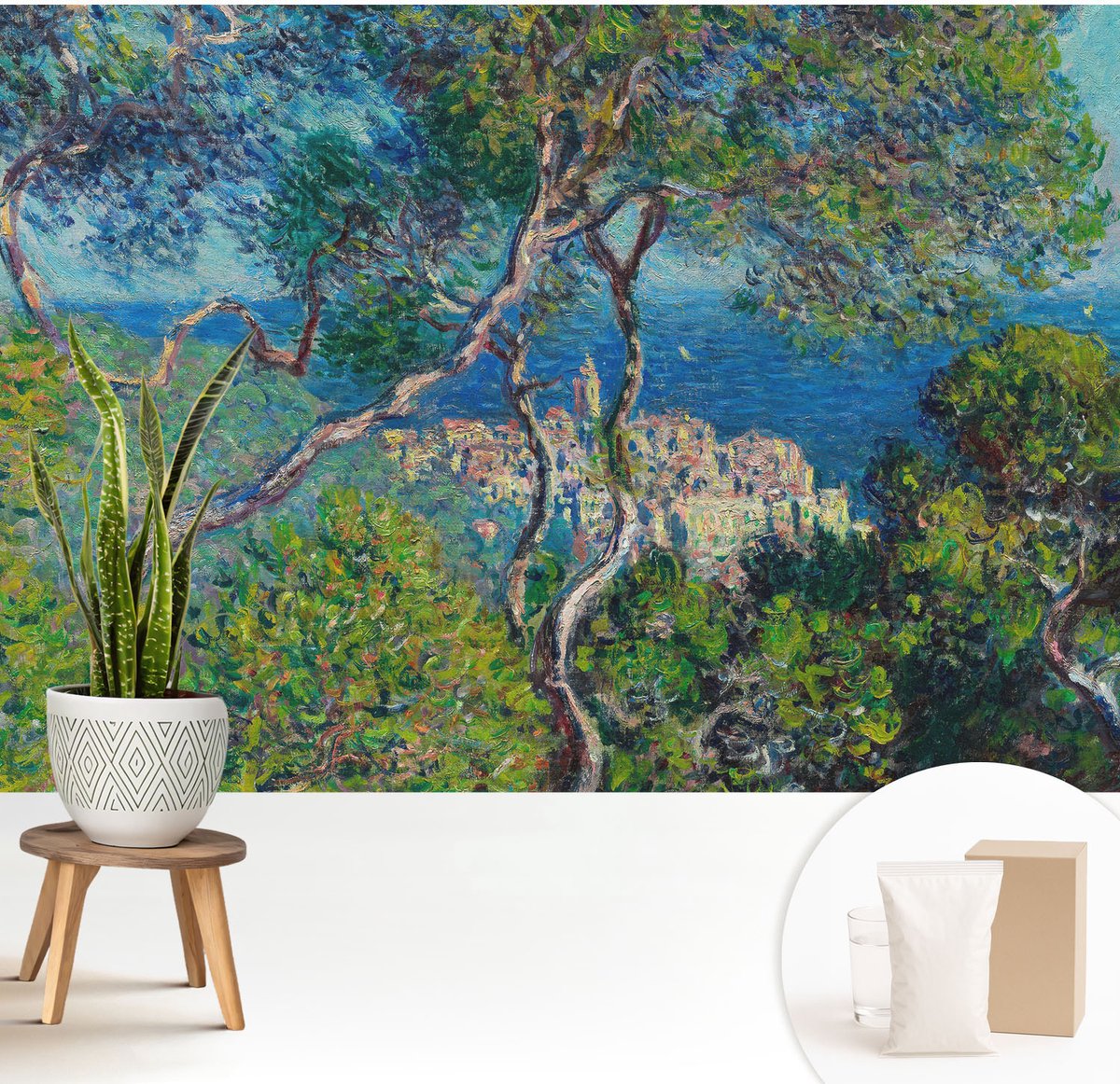 Wallfluent Fotobehang - Groente Vliesbehang - 208x146 cm - Uitzicht Op De Middellandse Zee Muurschildering - Slaapkamer behang Landschappen - Fotobehang Vlies - Gang behang