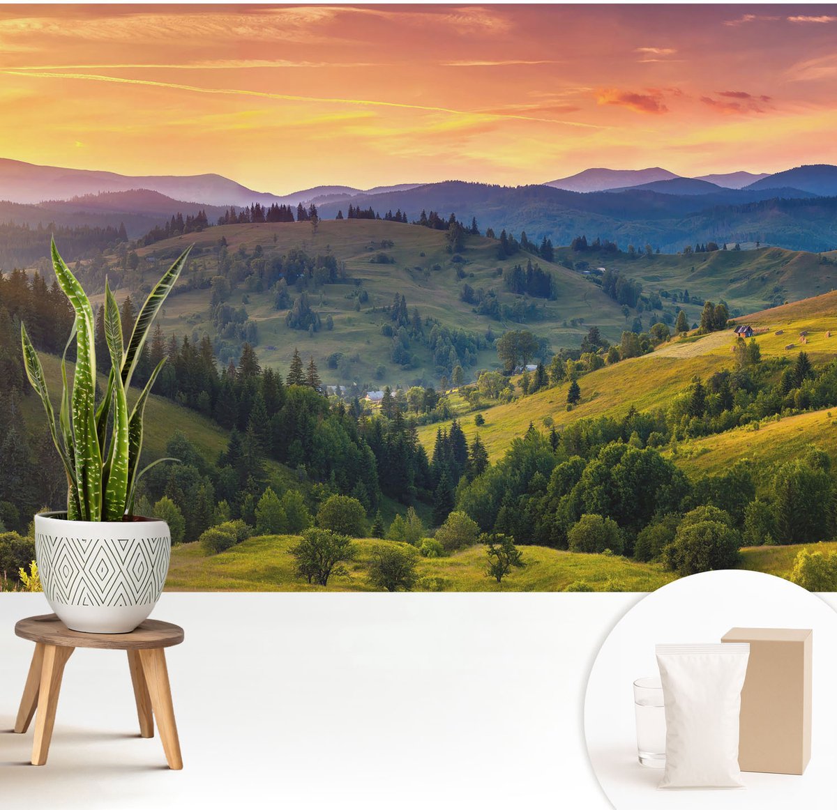 Wallfluent Fotobehang - Geel Vliesbehang - 208x146 cm - Berglandschap Muurschildering - Gang behang Landschappen - Fotobehang Vlies - Gang behang