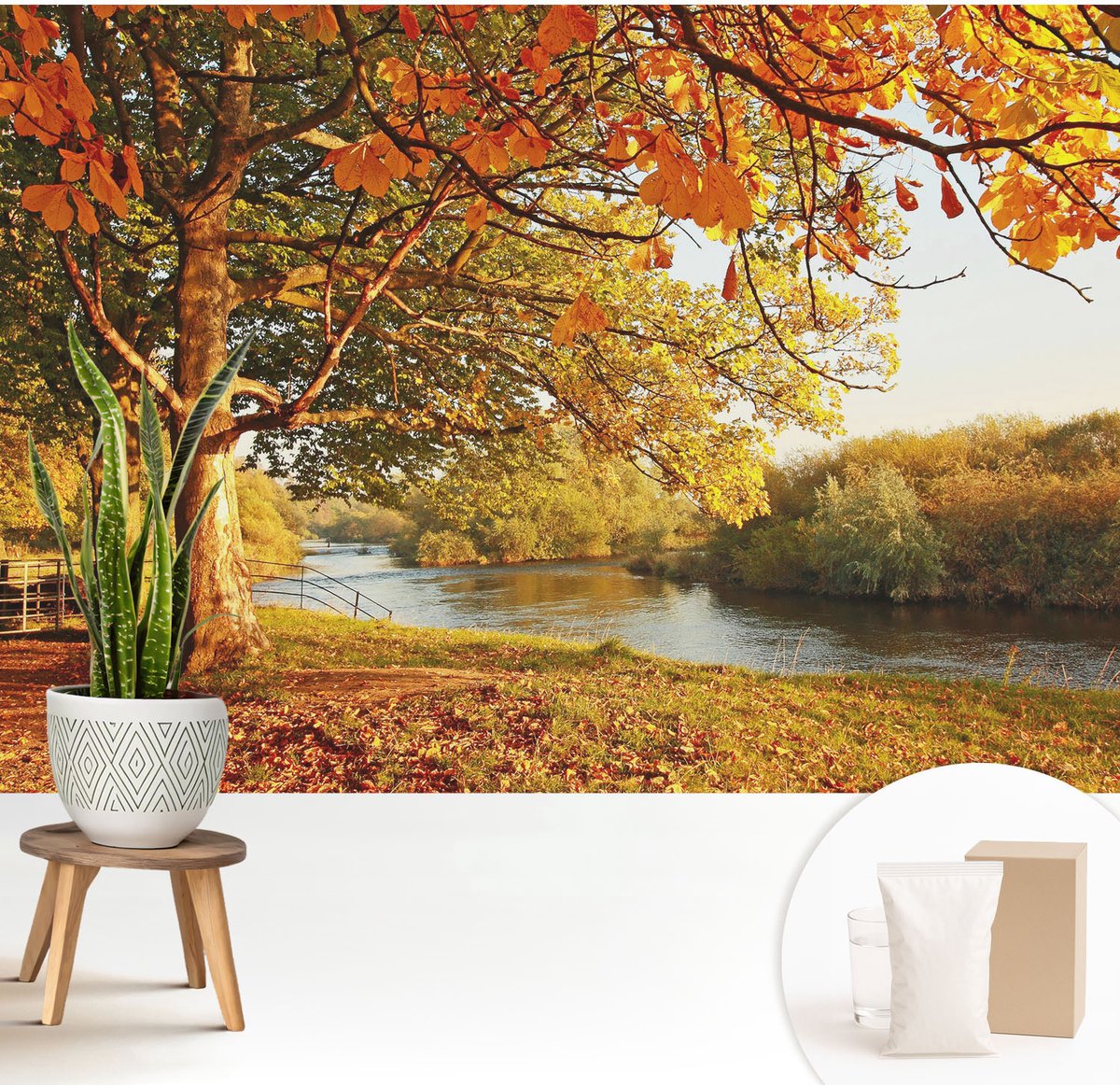 Wallfluent Fotobehang - Geel Vliesbehang - 208x146 cm - Herfst Aan De Kust Muurschildering - Gang behang Landschappen - Fotobehang Vlies - Gang behang