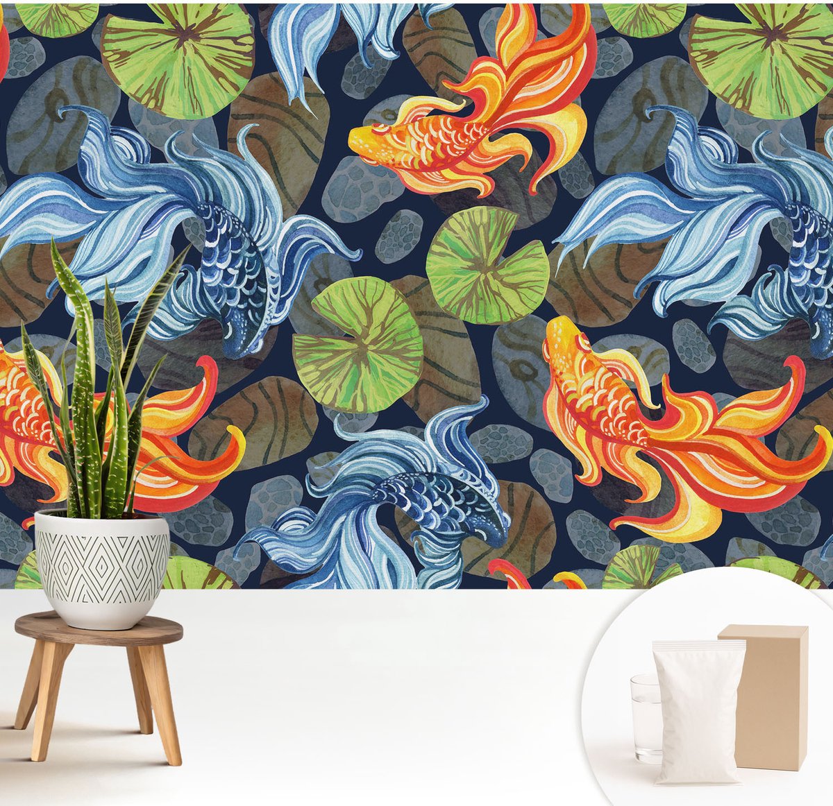 Wallfluent Fotobehang - Zwart Vliesbehang - 208x146 cm - Vispatronen Fotobehang Vlies - Hal behang Dieren - Muurschildering - Hal behang