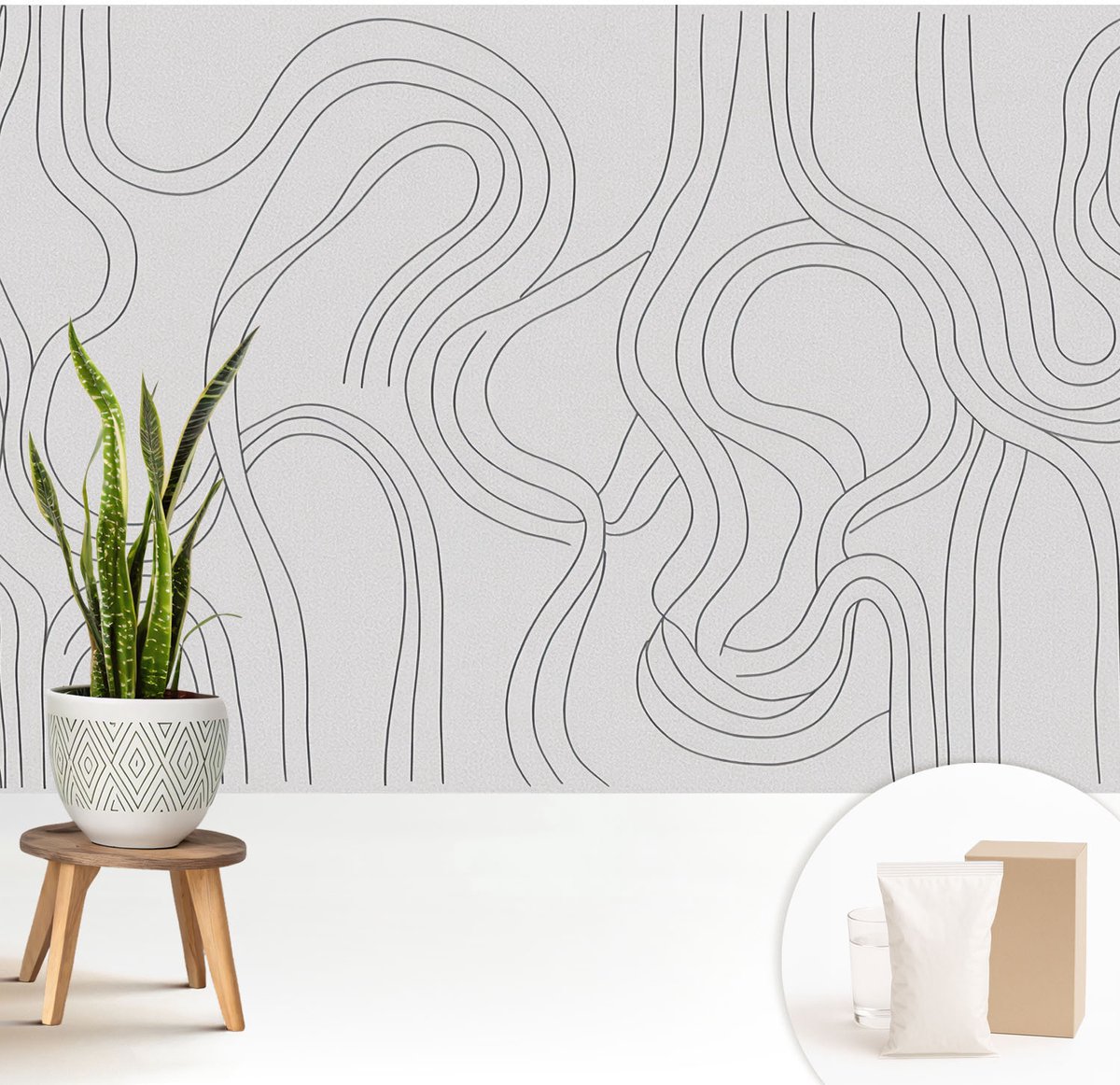 Wallfluent Fotobehang - Wit Vliesbehang - 208x146 cm - Organische Lijnen Fotobehang Vlies - Woonkamer behang Abstractie - Muurschildering - Woonkamer behang