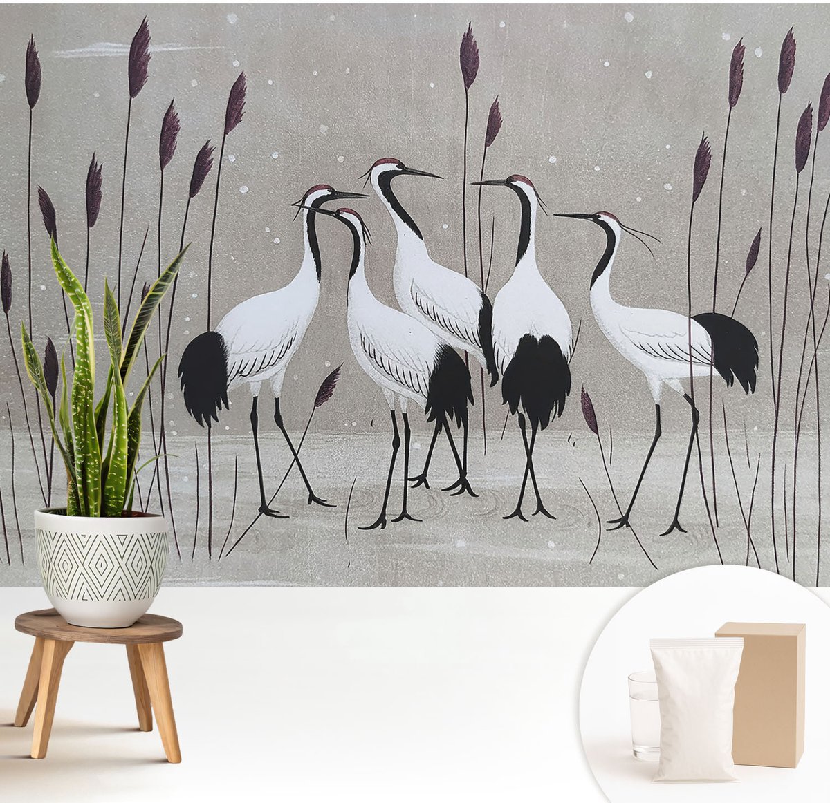Wallfluent Fotobehang - Grijs Vliesbehang - 208x146 cm - Een Zwerm Kraanvogels Muurschildering - Slaapkamer behang Dieren - Fotobehang Vlies - Gang behang