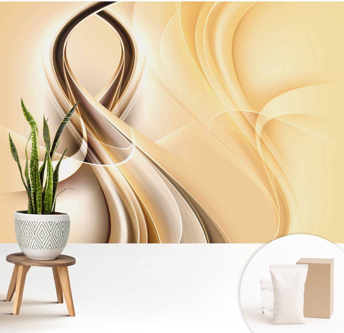 Wallfluent Fotobehang - Beige Vliesbehang - 208x146 cm - Golvende Lijnen Fotobehang Vlies - Woonkamer behang Abstractie - Muurschildering - Woonkamer behang