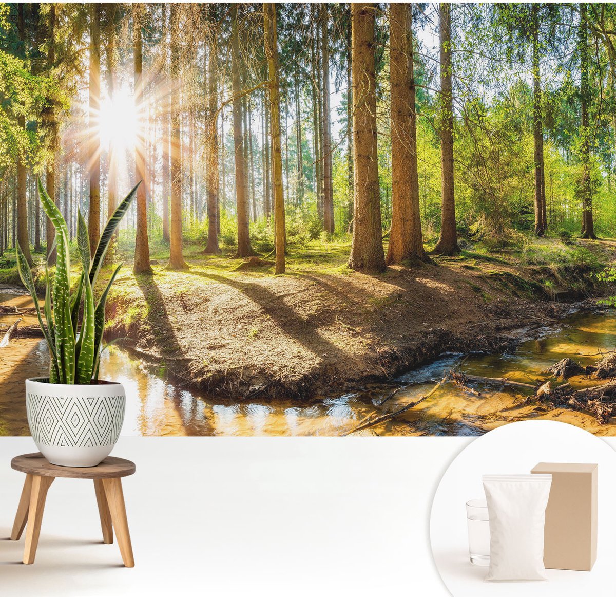 Wallfluent Fotobehang - Groente Vliesbehang - 208x146 cm - Idylle In Het Bos Muurschildering - Slaapkamer behang Landschappen - Fotobehang Vlies - Gang behang