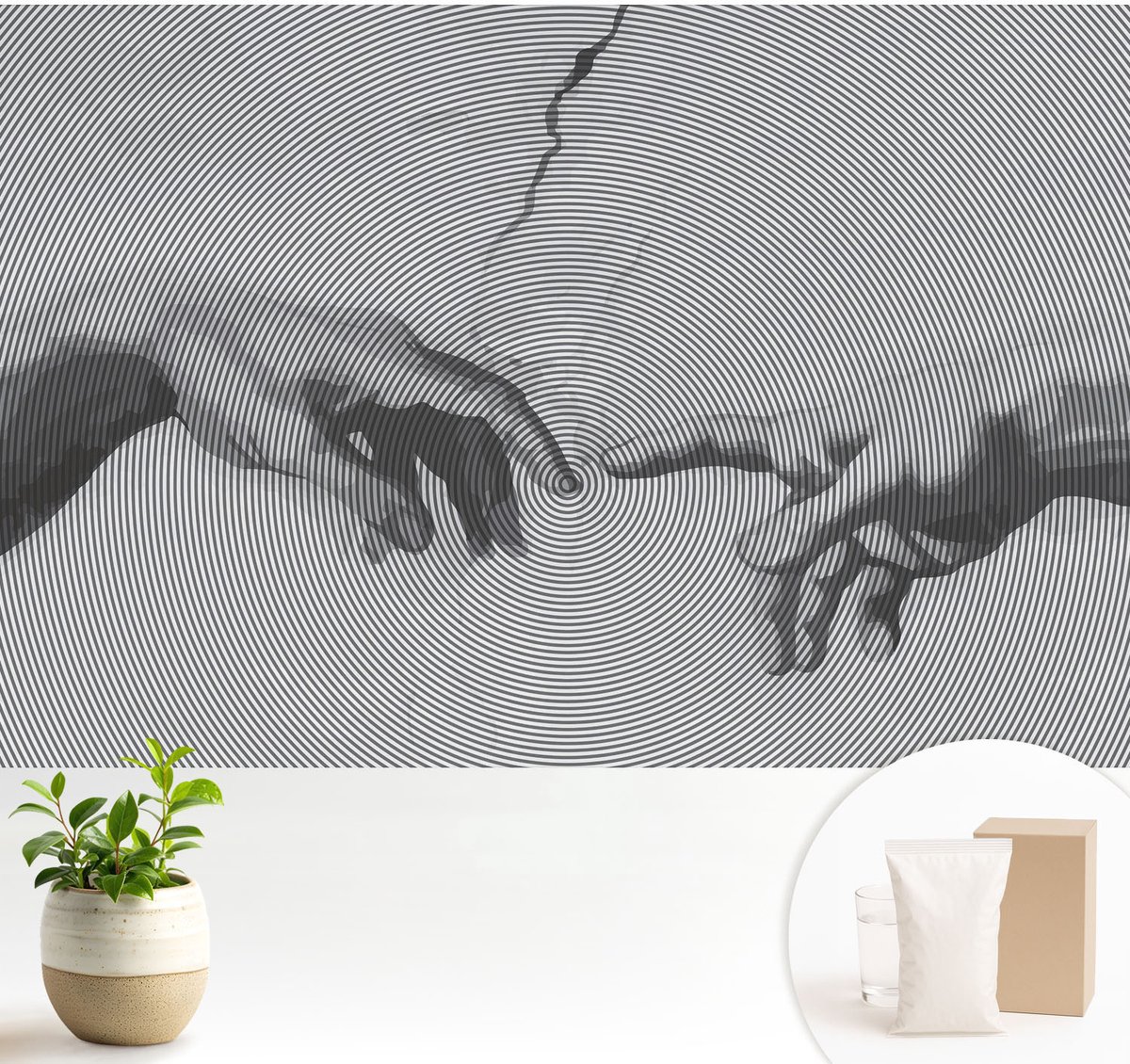 Wallfluent Fotobehang - Zwart-Wit Vliesbehang - 104x70 cm - Hypnotische Handen Fotobehang Vlies - Hal behang Deel - Muurschildering - Hal behang