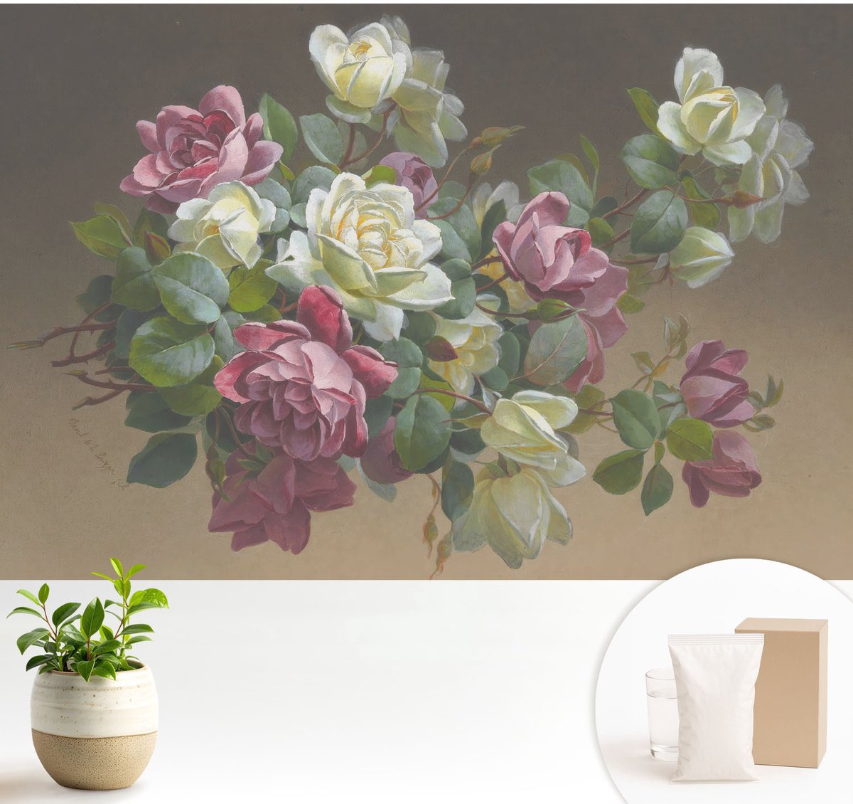 Wallfluent Fotobehang - Wit Vliesbehang - 104x70 cm - Bloemige Elegantie Muurschildering - Gang behang Bloemen En Planten - Fotobehang Vlies - Slaapkamer behang
