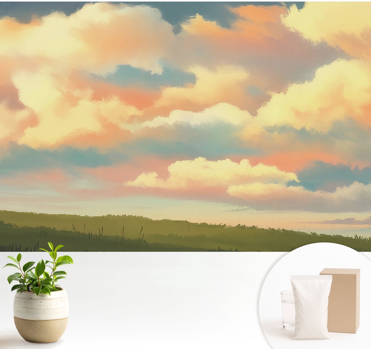Wallfluent Fotobehang - Oranje Vliesbehang - 104x70 cm - Hemelwolken Fotobehang Vlies - Woonkamer behang Landschappen - Muurschildering - Hal behang