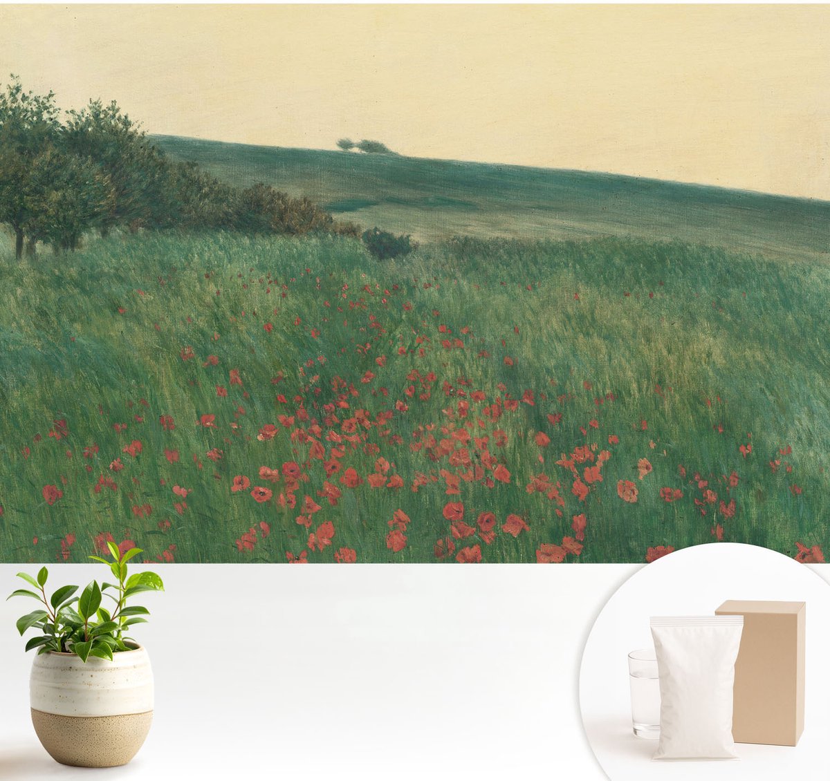 Wallfluent Fotobehang - Groente Vliesbehang - 104x70 cm - Papavervelden Muurschildering - Gang behang Landschappen - Fotobehang Vlies - Slaapkamer behang
