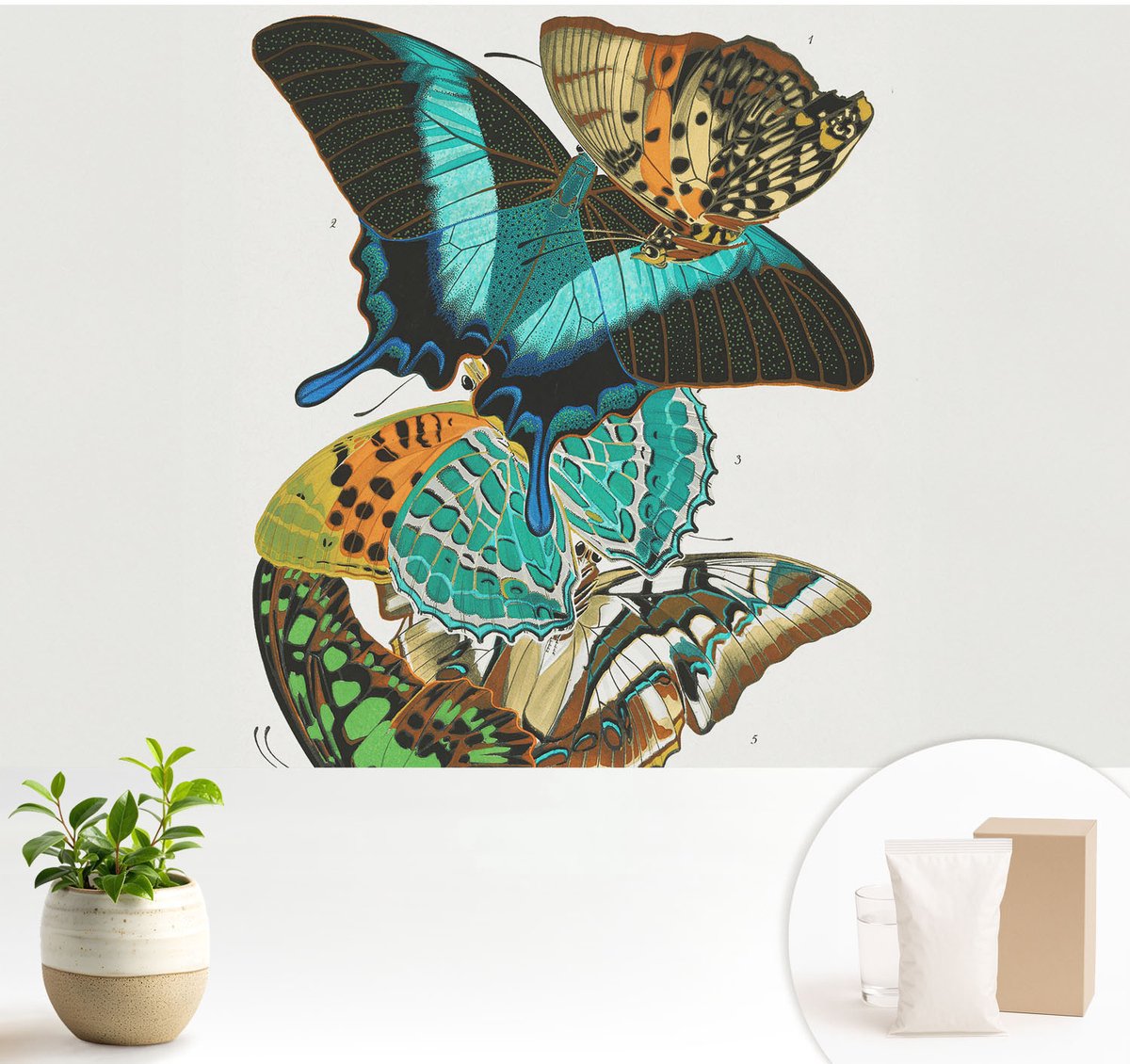 Wallfluent Fotobehang - Turkoois Vliesbehang - 104x70 cm - Kleurrijke Vlinders Fotobehang Vlies - Hal behang Dieren - Muurschildering - Hal behang