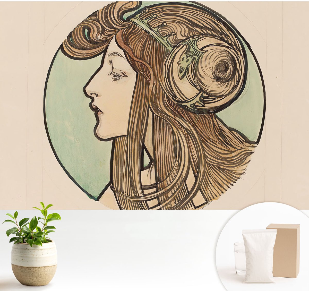 Wallfluent Fotobehang - Beige Vliesbehang - 104x70 cm - Art Nouveau-Portret Muurschildering - Gang behang Deel - Fotobehang Vlies - Slaapkamer behang