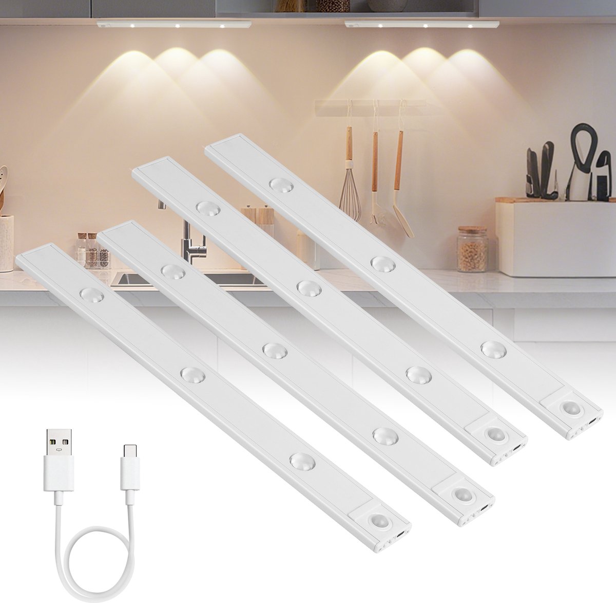LOVHAUS 4 Stuks LED Kastlampen – Sensor – 3 Lichtkleuren – Dimbaar – USB Oplaadbaar