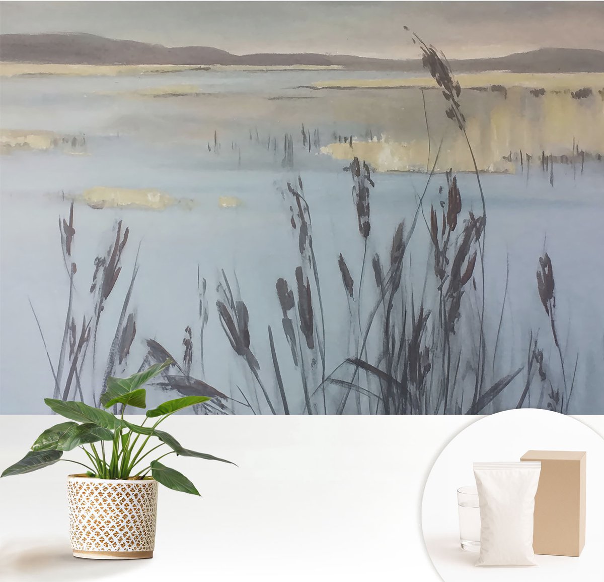 Wallfluent Fotobehang - Grijs Vliesbehang - 152x104 cm - Een Kalm Meer Fotobehang Vlies - Woonkamer behang Landschappen - Muurschildering - Woonkamer behang