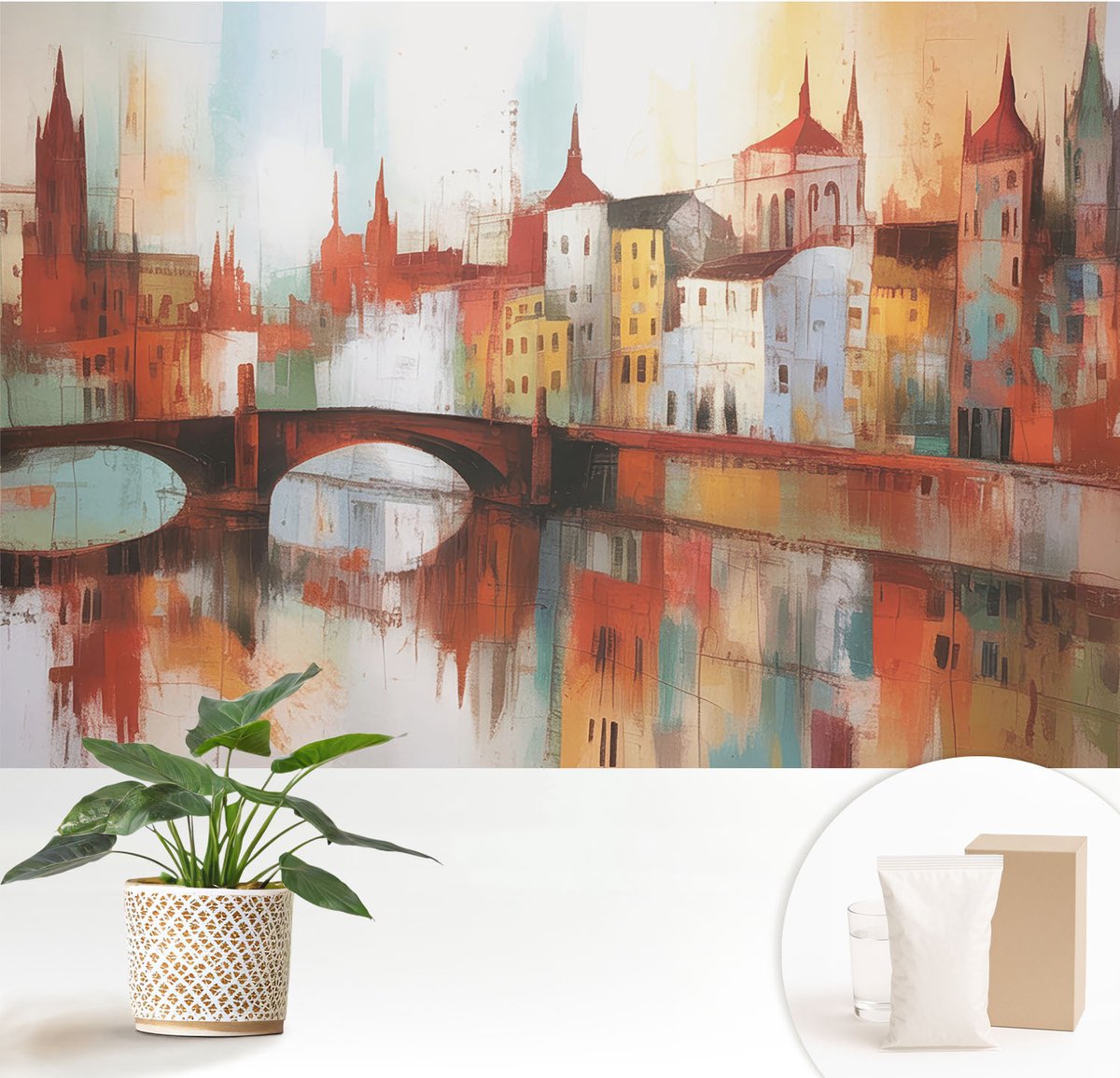 Wallfluent Fotobehang - Oranje Vliesbehang - 152x104 cm - Stadslandschap Fotobehang Vlies - Woonkamer behang Architectuur - Muurschildering - Hal behang