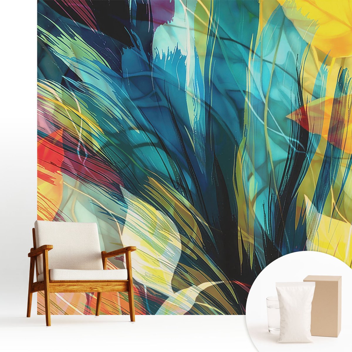 Wallfluent Fotobehang - Blauw Vliesbehang - 250x250 cm - Abstracte Bladeren Muurschildering - Gang behang Abstractie - Fotobehang Vlies - Slaapkamer behang