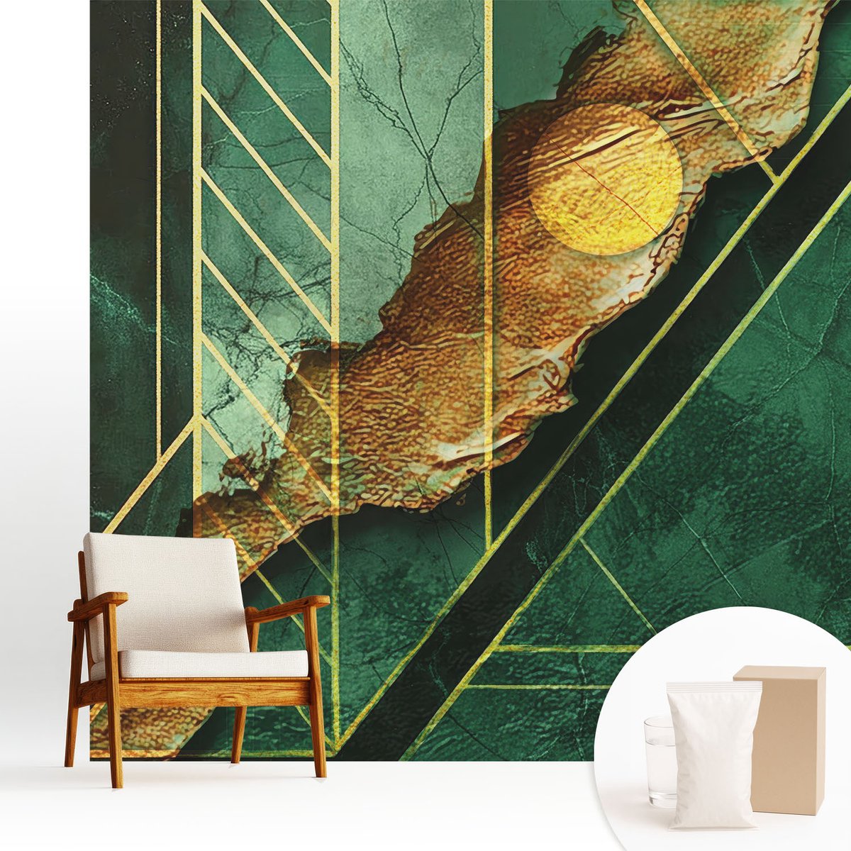 Wallfluent Fotobehang - Groente Vliesbehang - 250x250 cm - Geometrische Spanning Fotobehang Vlies - Hal behang Abstractie - Muurschildering - Hal behang
