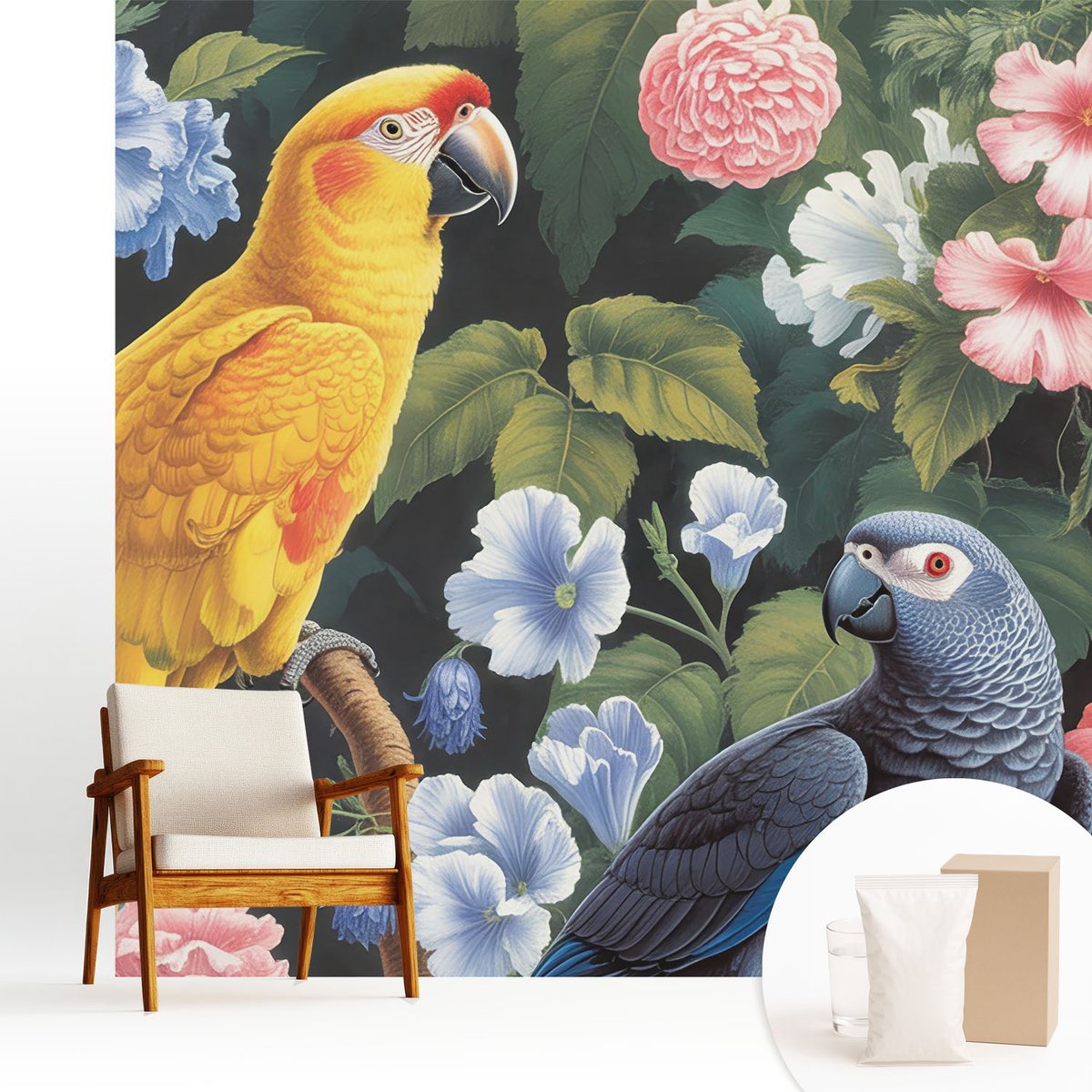 Wallfluent Fotobehang - Geel Vliesbehang - 250x250 cm - Exotische Vogels Fotobehang Vlies - Woonkamer behang Dieren - Muurschildering - Woonkamer behang