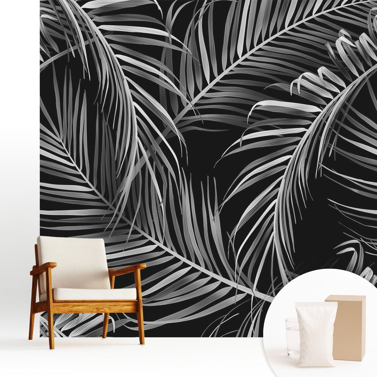 Wallfluent Fotobehang - Zwart Vliesbehang - 250x250 cm - Exotisch Patroon Fotobehang Vlies - Woonkamer behang Bloemen En Planten - Muurschildering - Hal behang