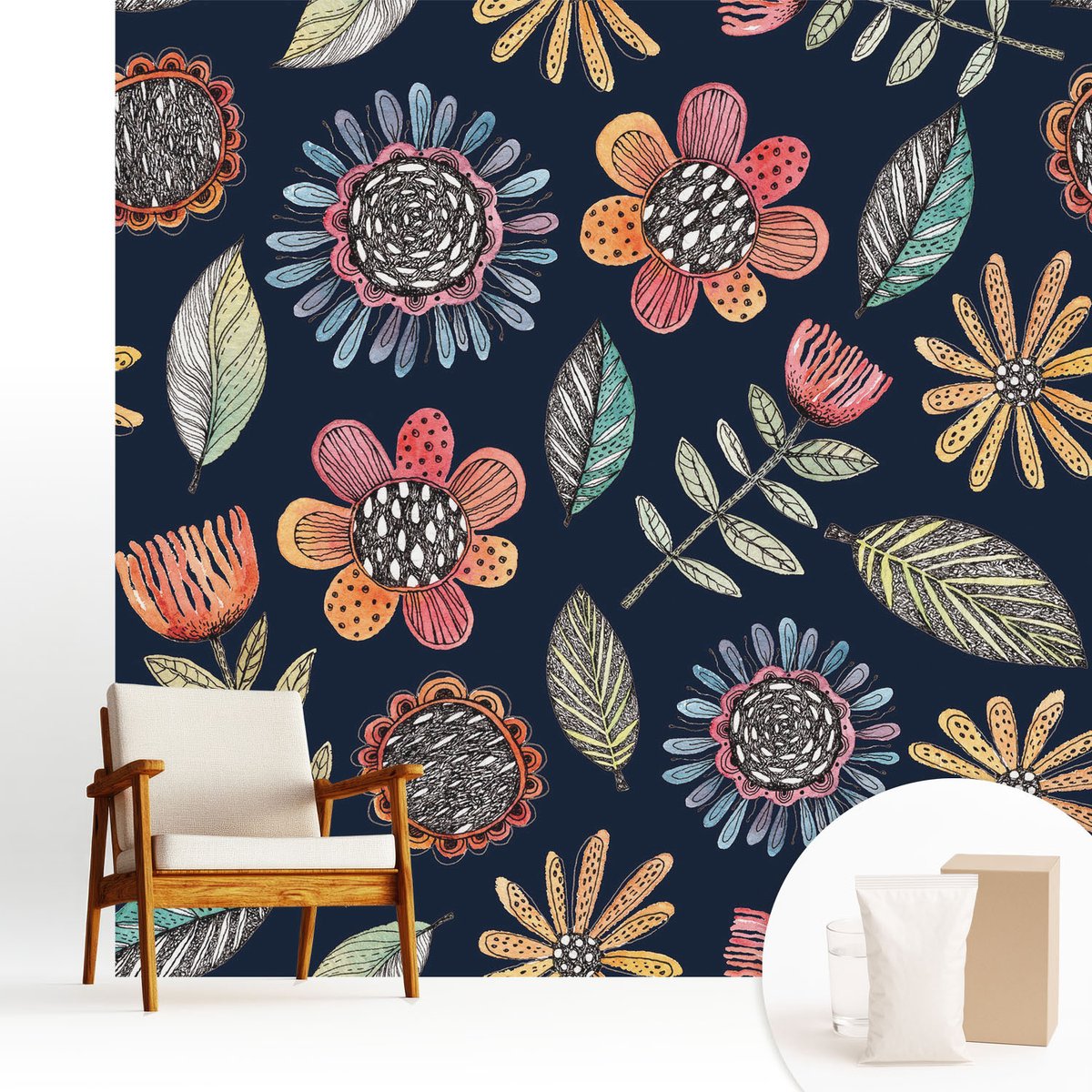 Wallfluent Fotobehang - Marine Vliesbehang - 250x250 cm - Bloemenmozaïek Muurschildering - Slaapkamer behang Bloemen En Planten - Fotobehang Vlies - Gang behang