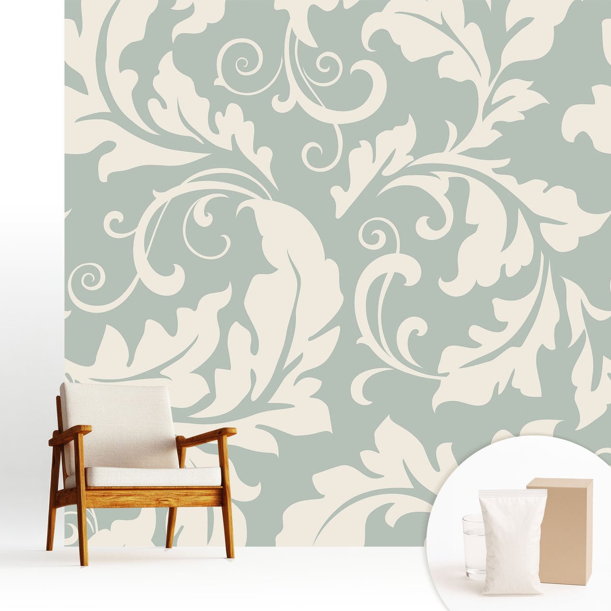 Wallfluent Fotobehang - Grijs Vliesbehang - 250x250 cm - Decoratieve Bladeren Fotobehang Vlies - Hal behang Achtergronden En Patronen - Muurschildering - Woonkamer behang