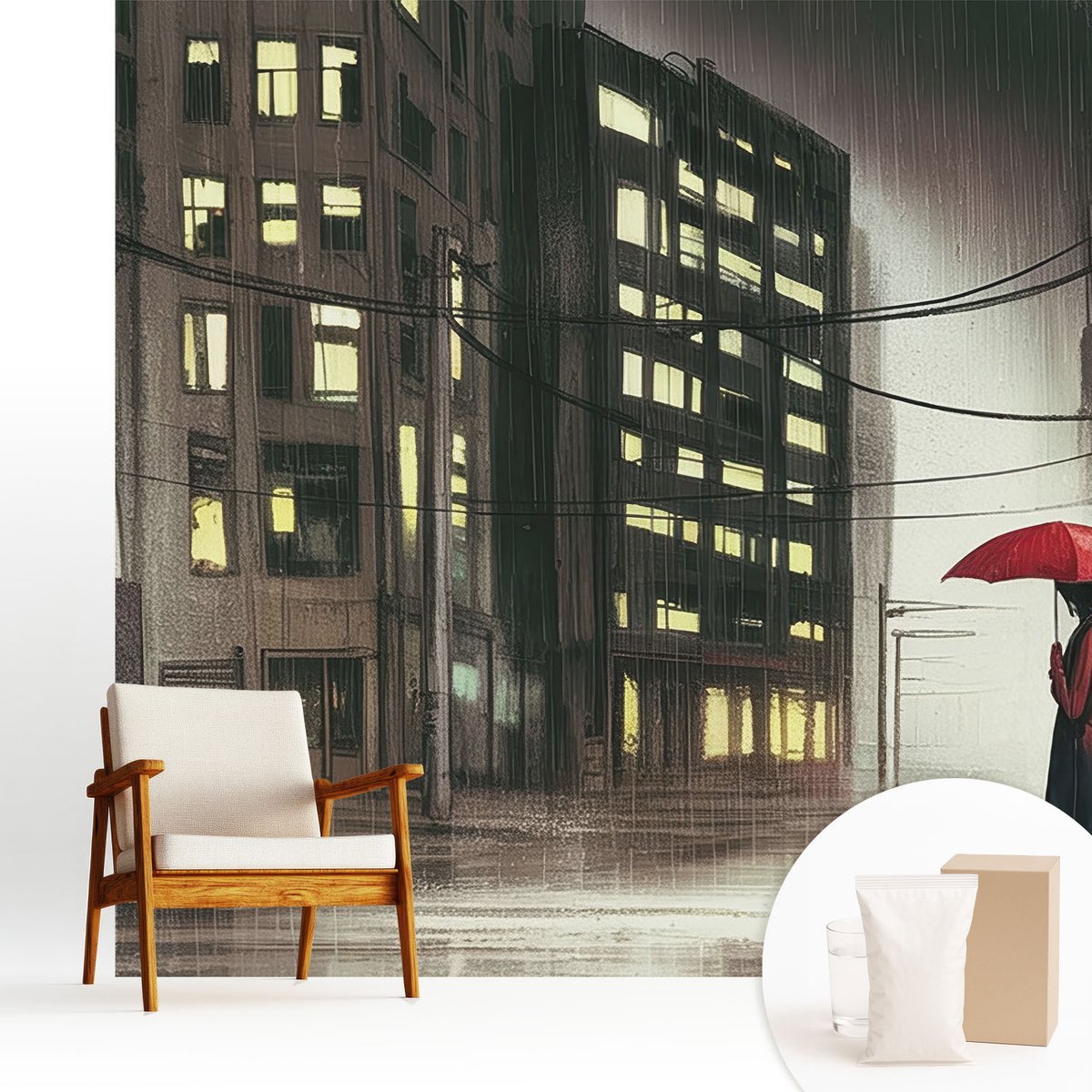 Wallfluent Fotobehang - Zwart Vliesbehang - 250x250 cm - Regenachtige Stad Fotobehang Vlies - Woonkamer behang Steden - Muurschildering - Woonkamer behang