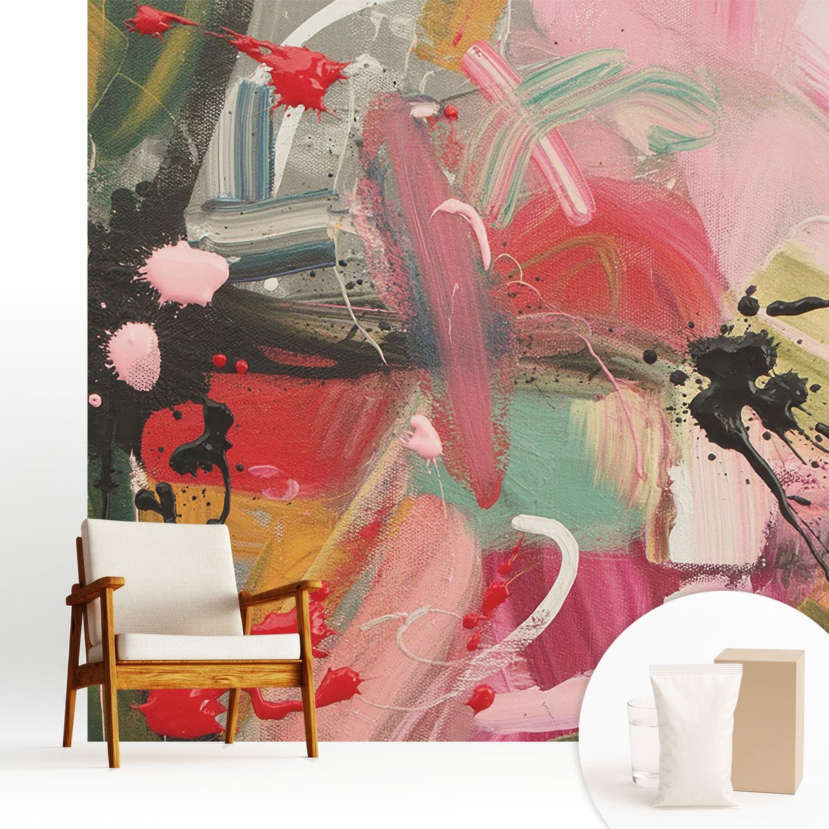 Wallfluent Fotobehang - Roze Vliesbehang - 250x250 cm - Kleurrijke Chaos Muurschildering - Gang behang Achtergronden En Patronen - Fotobehang Vlies - Slaapkamer behang