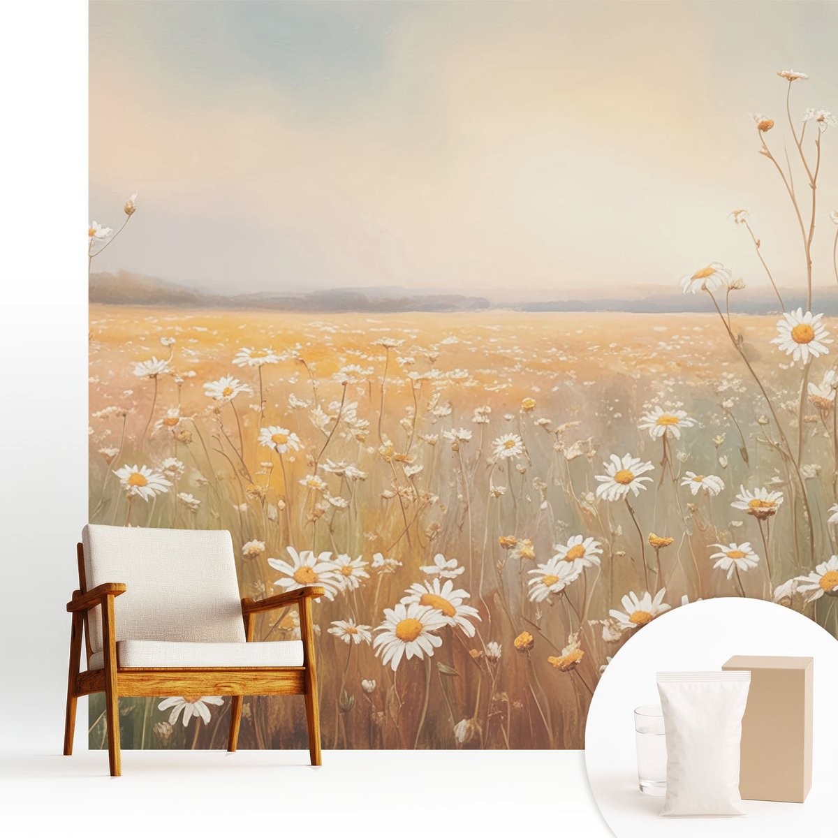 Wallfluent Fotobehang - Wit Vliesbehang - 250x250 cm - Bloemenweide Muurschildering - Gang behang Bloemen En Planten - Fotobehang Vlies - Slaapkamer behang