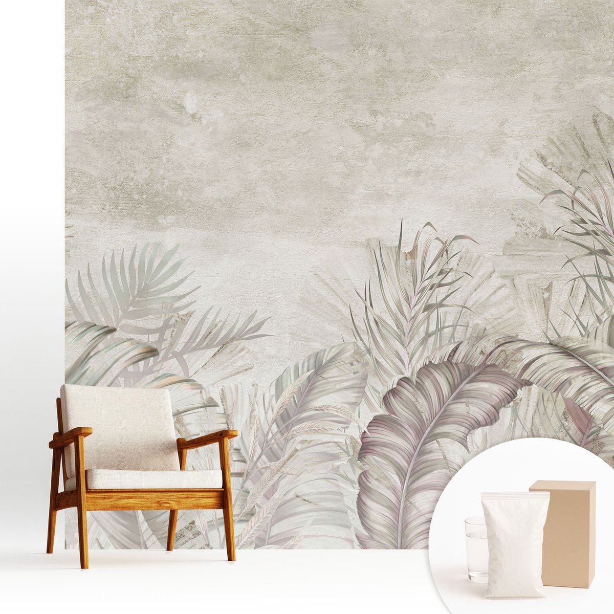 Wallfluent Fotobehang - Beige Vliesbehang - 250x250 cm - Decoratieve Bladeren Muurschildering - Gang behang Bloemen En Planten - Fotobehang Vlies - Slaapkamer behang