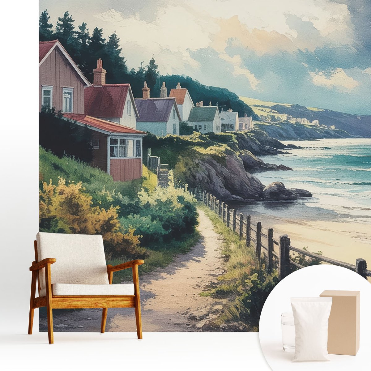 Wallfluent Fotobehang - Groente Vliesbehang - 250x250 cm - Klifhuizen Fotobehang Vlies - Woonkamer behang Landschappen - Muurschildering - Hal behang