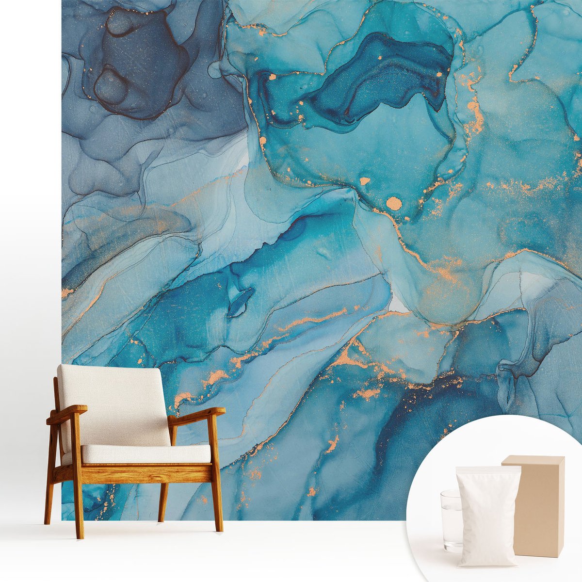 Wallfluent Fotobehang - Blauw Vliesbehang - 250x250 cm - Blauwe Abstractie Fotobehang Vlies - Hal behang Abstractie - Muurschildering - Hal behang