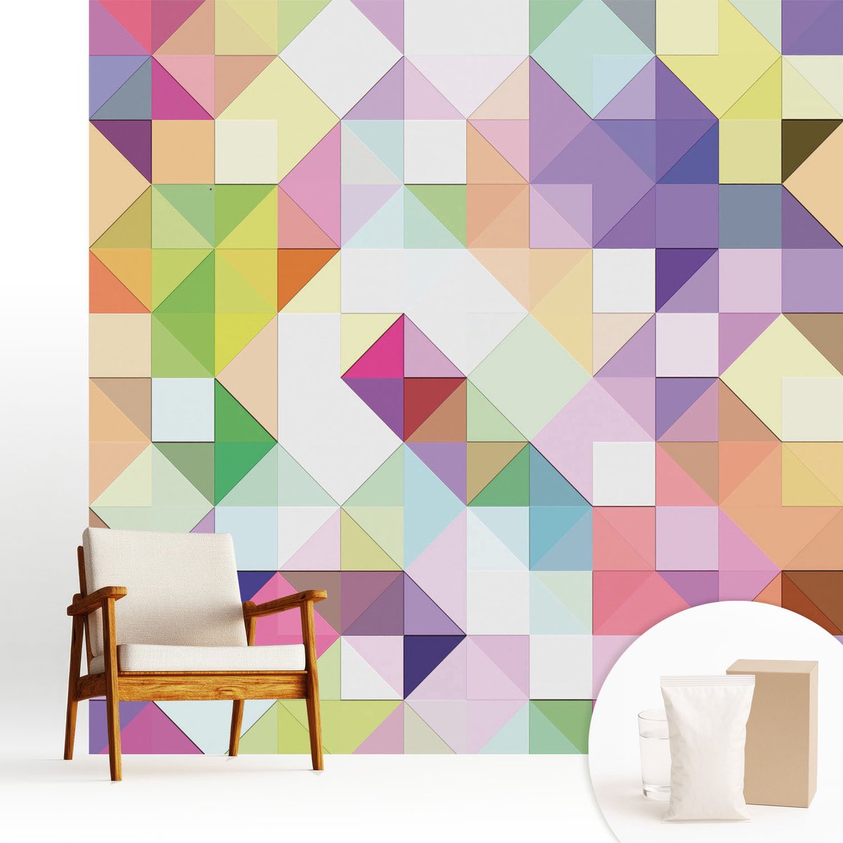 Wallfluent Fotobehang - Paars Vliesbehang - 250x250 cm - Kleurrijke Vormen Fotobehang Vlies - Hal behang Geometrie - Muurschildering - Woonkamer behang